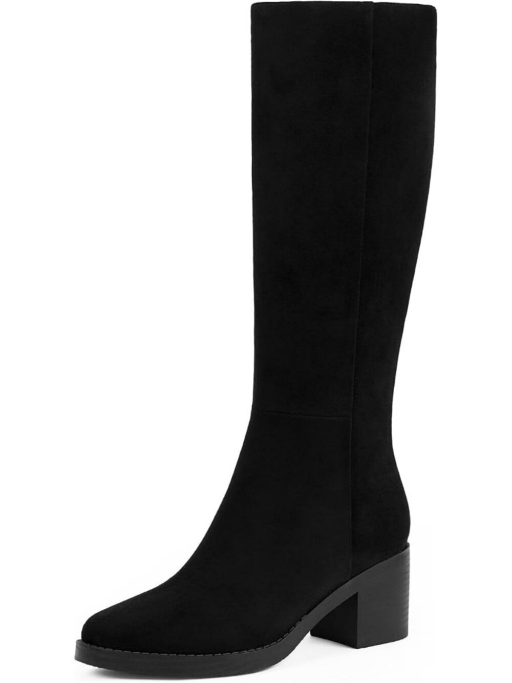 Women's Black Suede Knee High Boots Chunky Low Block Heel Round Toe Boots